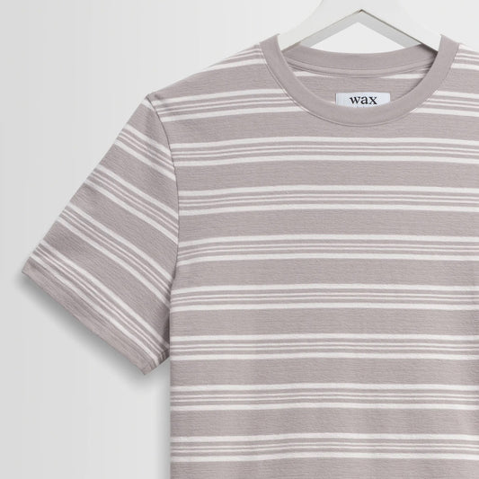 Dean SS Tee, Thin Textured Stripe - Taupe / Ecru
